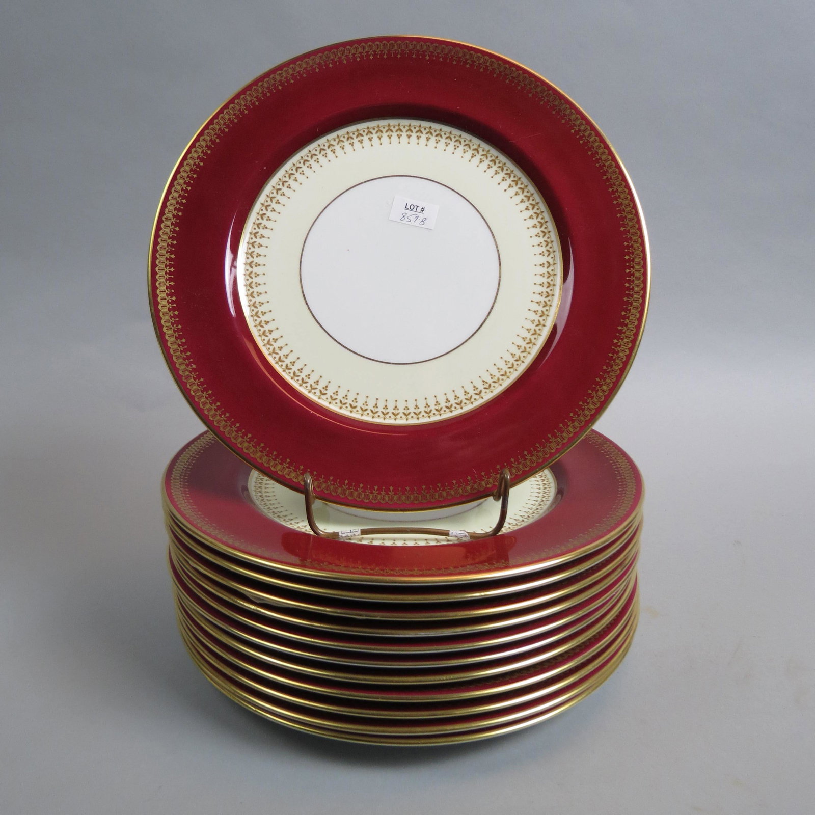 12 Paragon China Dinner or Service Plates,: burgundy and gold, cream band, 10 1/2", excellent.