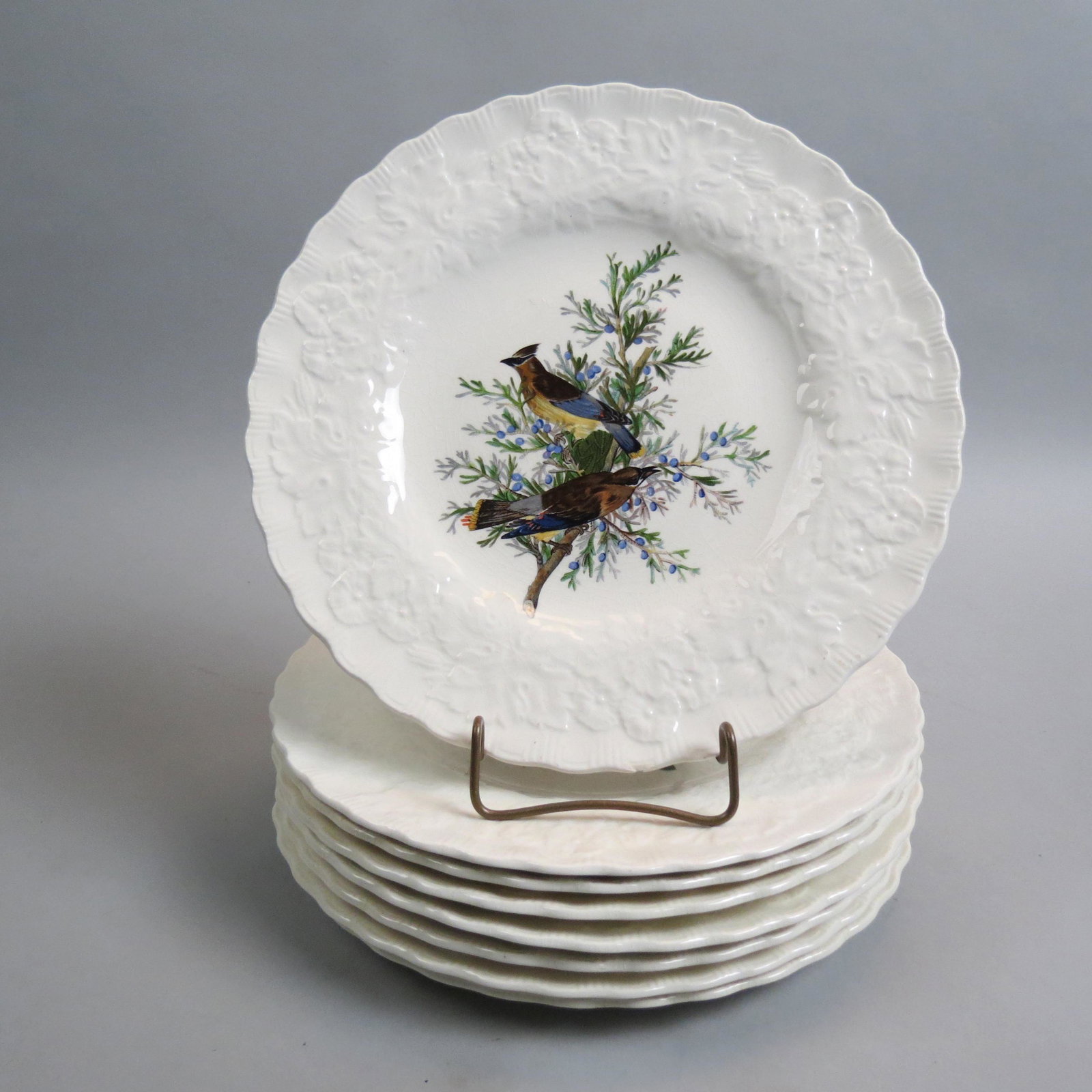 8 Alfred Meakin Audubon Bird Plates,: Ironstone, various birds, embossed borders, 10 5/4", one has chip on back rim.