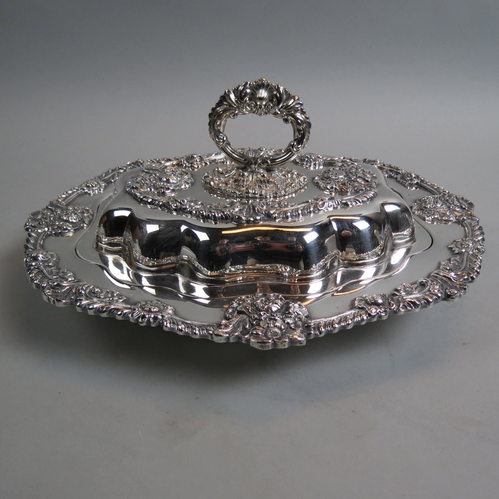 Fine Silverplate Entree Server,: elaborate floral, lid doubles as a server, overall 12" x 14", hallmarked.