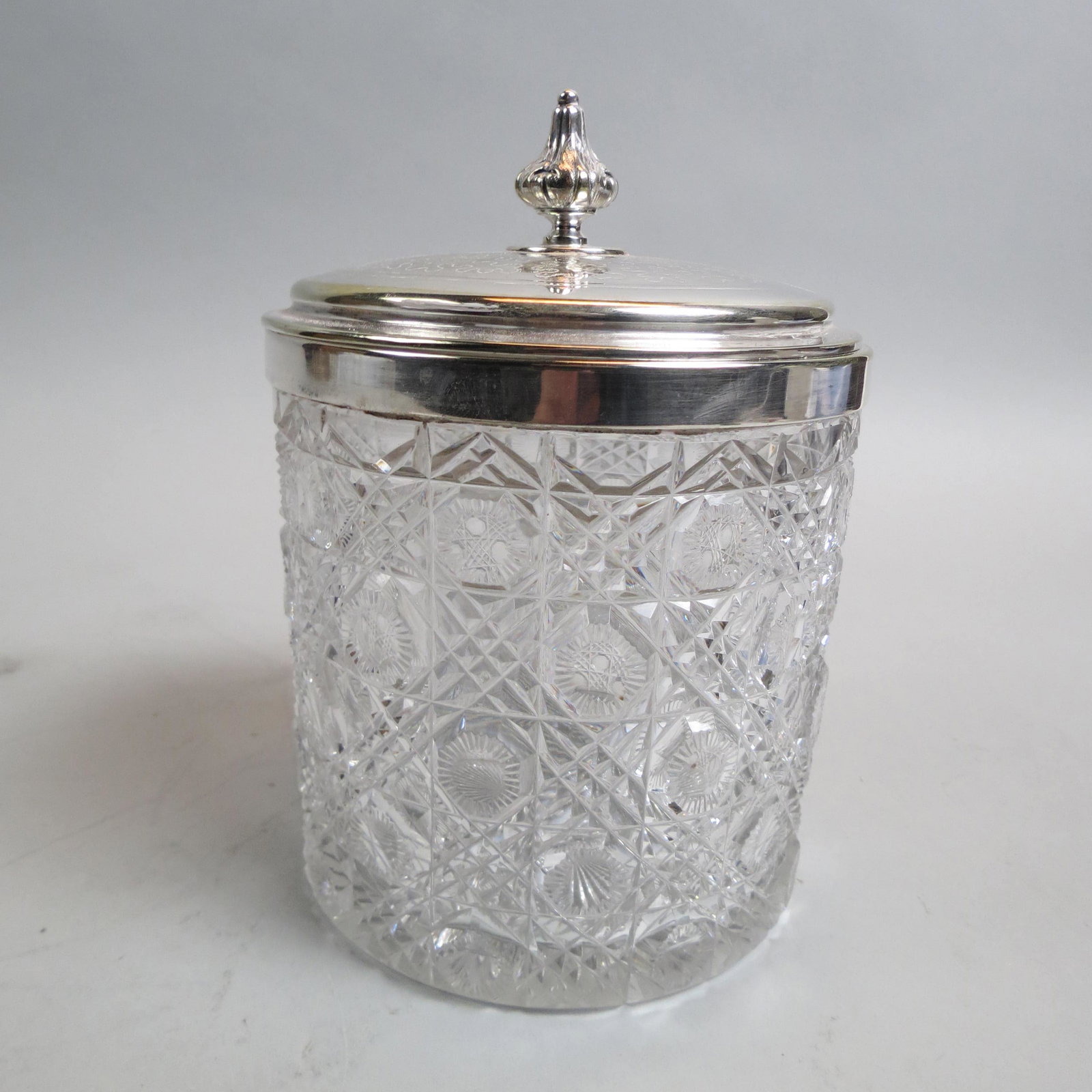 English Cut Glass & Silverplate Biscuit Box,: 5" diameter, 6 1/2" tall, hinged top.