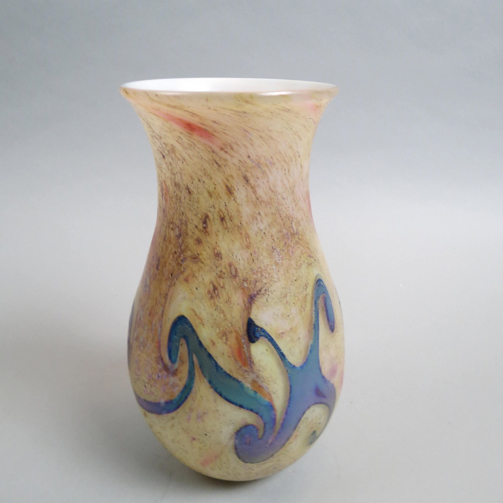 Charles Lotton Art Glass Vase,: heart and vine design on mottled yellow, light browns and reds, white interior, 9 1/2", signed and dated 2005, excellent.....Charles Lotton was born in 1935 in a little Southern Illinois town called E