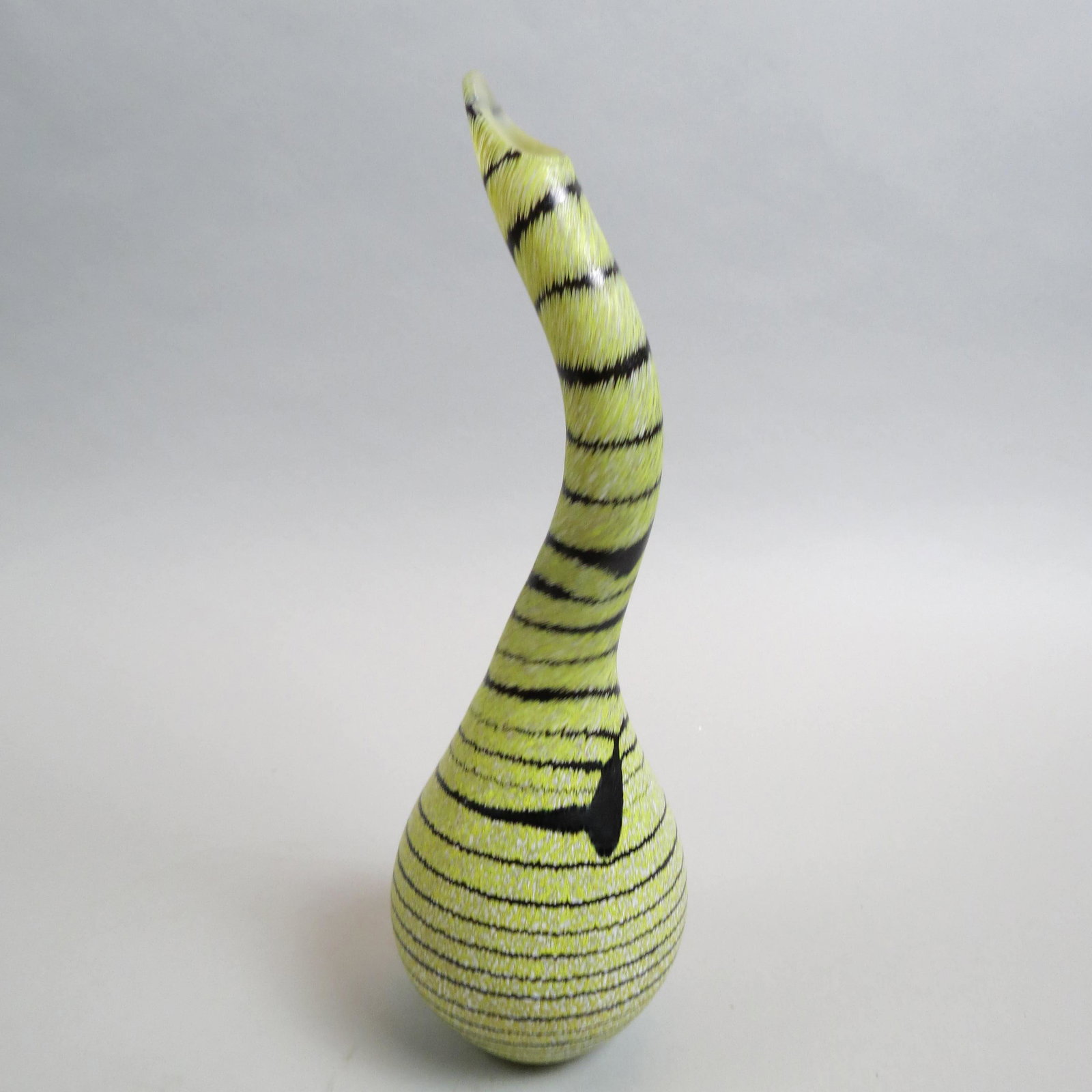 Kosta Boda Swedish Art Glass Rose Water Sprinkler Vase,: goose neck, sprinkler style with mottled white and yellow background with black threading, 12 1/2", signed, excellent....Ulrica Hydman-VallienThe 21st of March, Ulrica Hydman Vallien left us. With gre