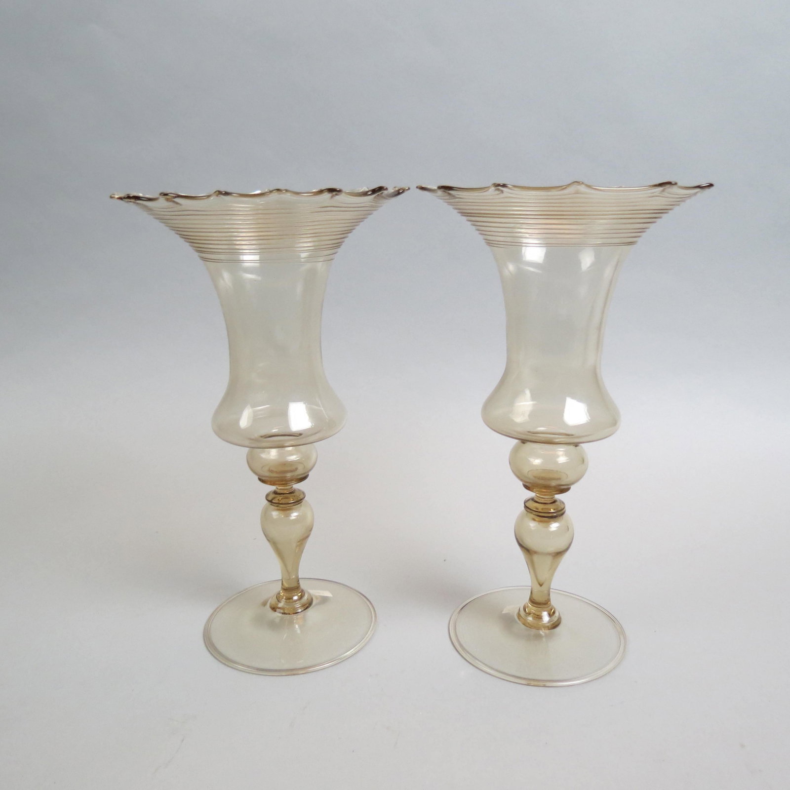 Pair of Venetian Glass Vases,: threaded, scalloped, flared rim on thin golden amber body, 11", excellent.