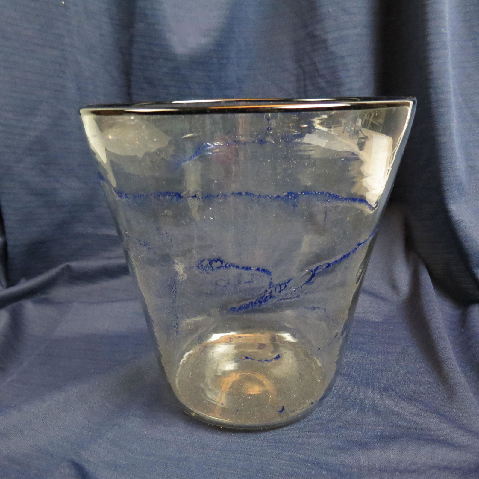 Orrefors Art Glass Vase by Simon Gate 1930,: aquatic style blue and bubble decor, blue rim, 9 1/2" tall, 9 1/4" diameter at top, signed and dated, excellent.