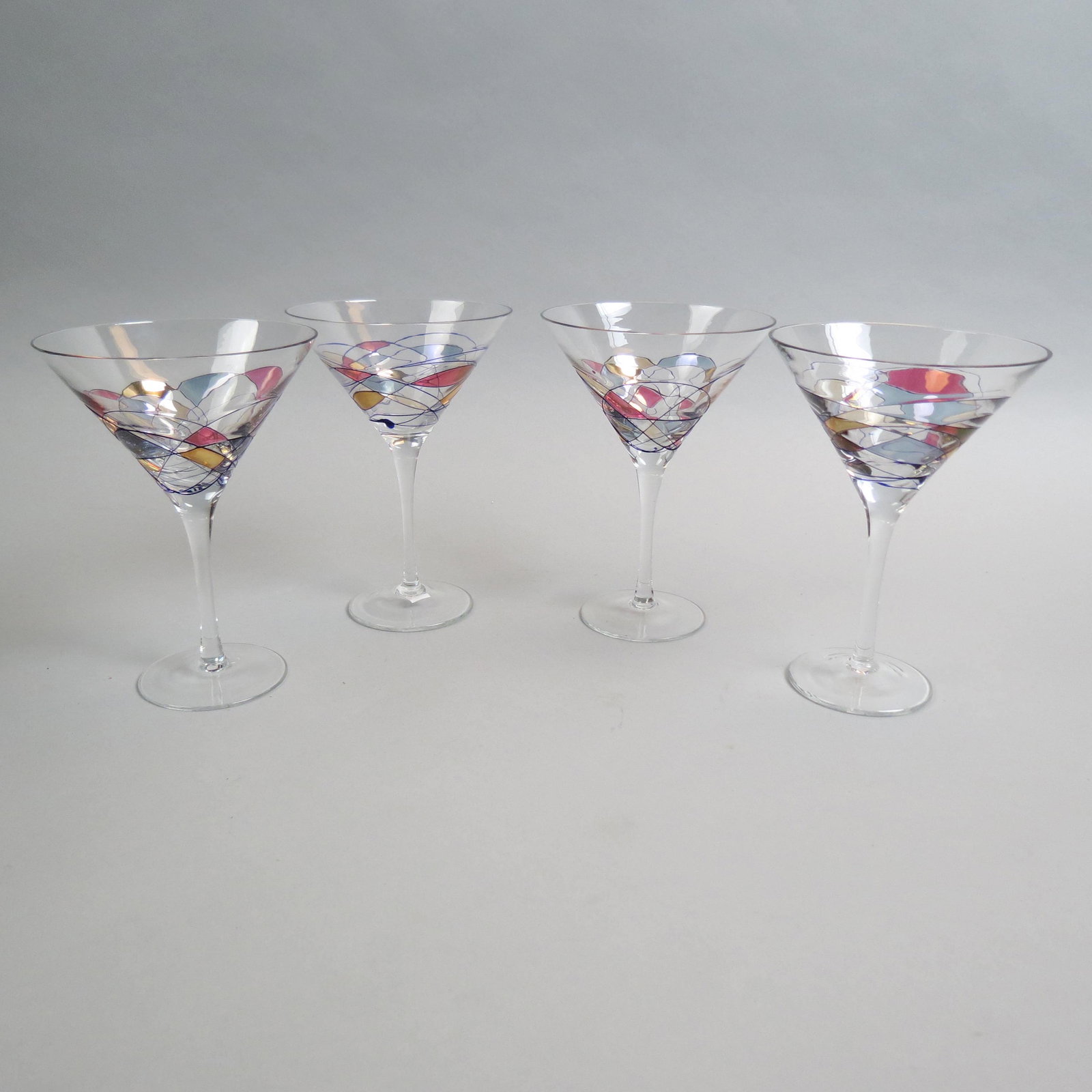 4 Decorated Glass Martini Glasses,: colorful interior designs on clear body, 7 1/2", excellent.