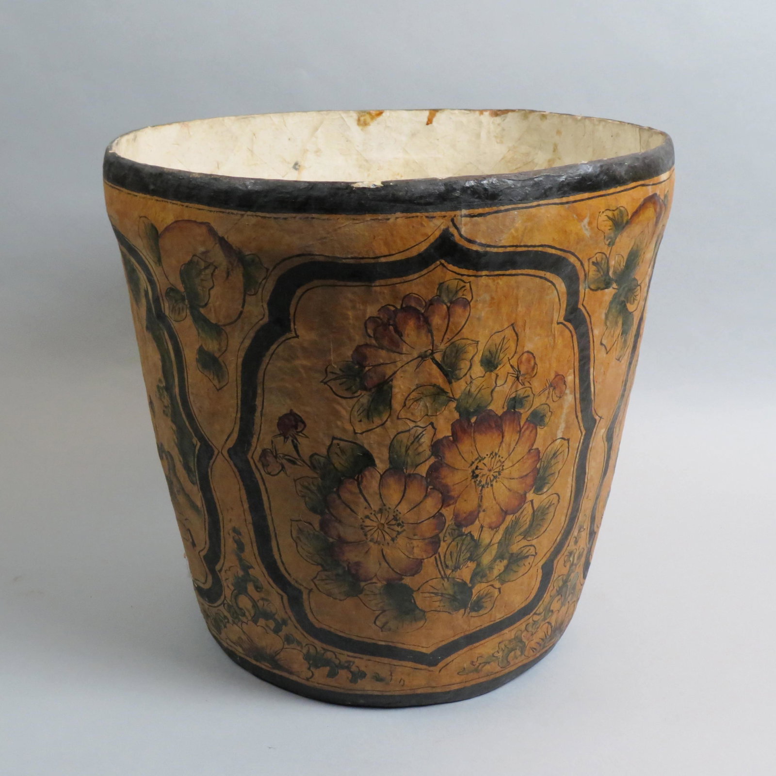 Asian Paper Mache Basket or Planter,: hand painted with scenes of children at play, 16" tall, 17" diameter.