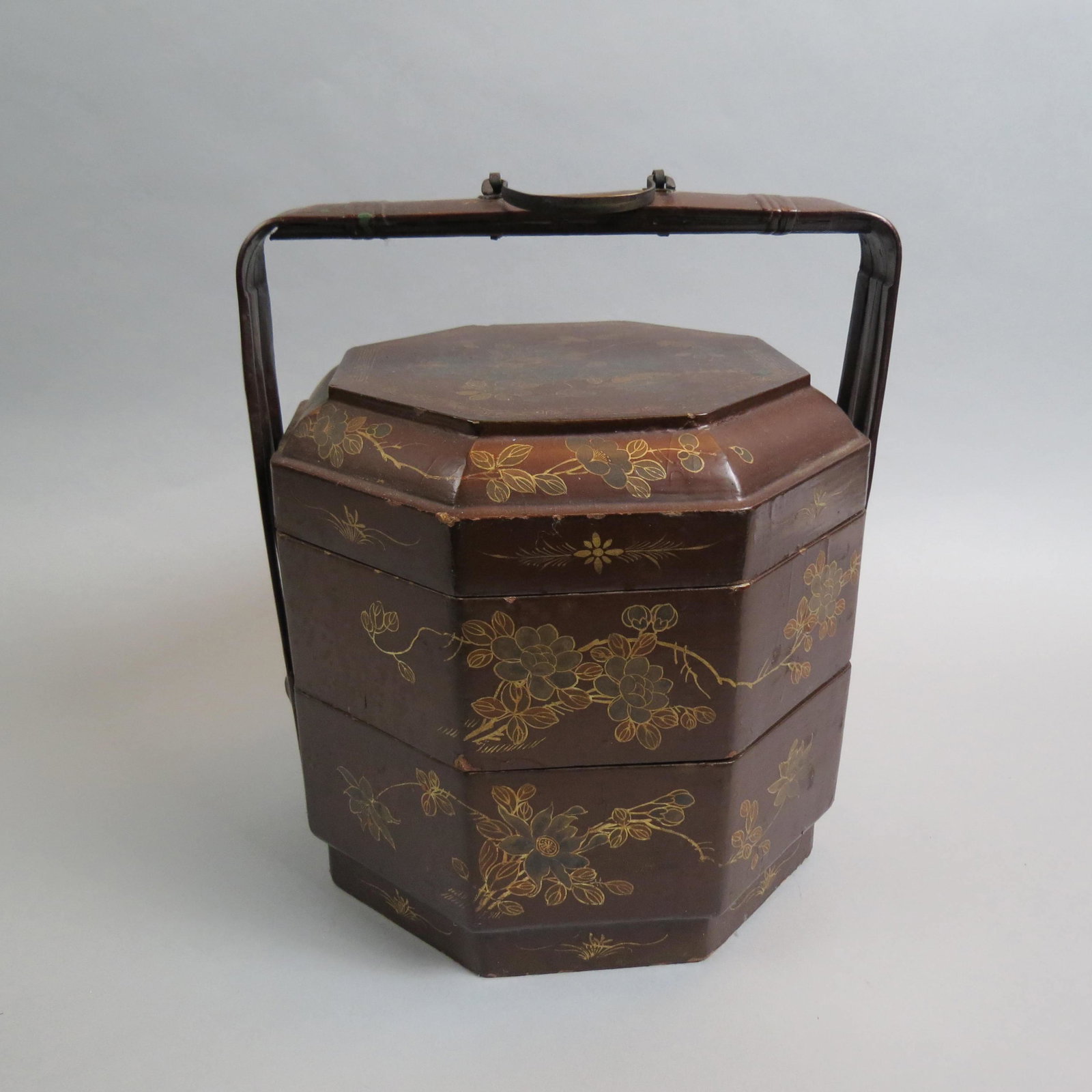 Japanese Lacquerware Stacking Cannister Set,: basket handle, floral on brown, bronze handle, 13".