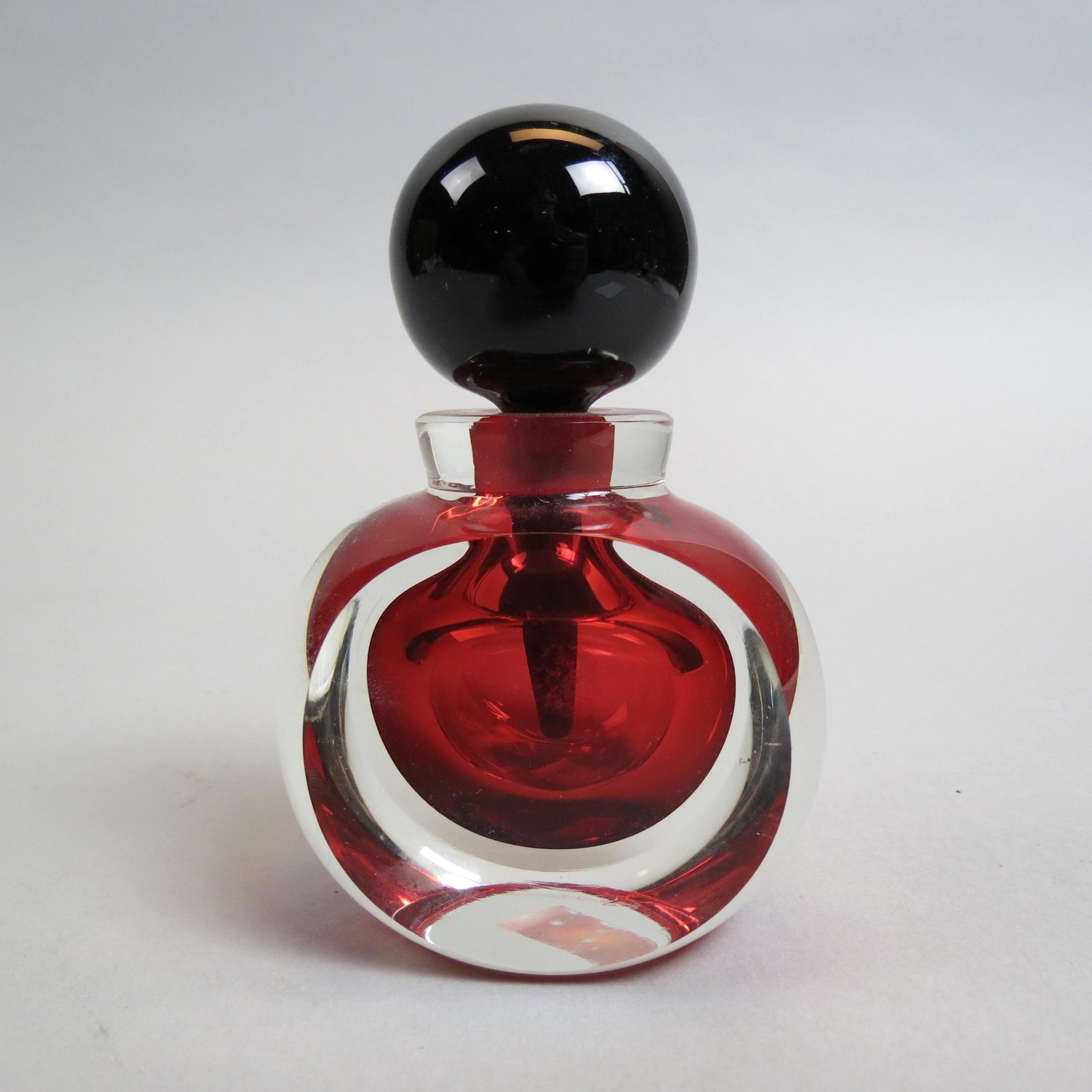 Correia Art Glass Perfume Bottle,: paperweight style with internal red decor, long dauber stopper, artist signed, limited edition #77 of 500, 2000, 4 1/4", excellent.