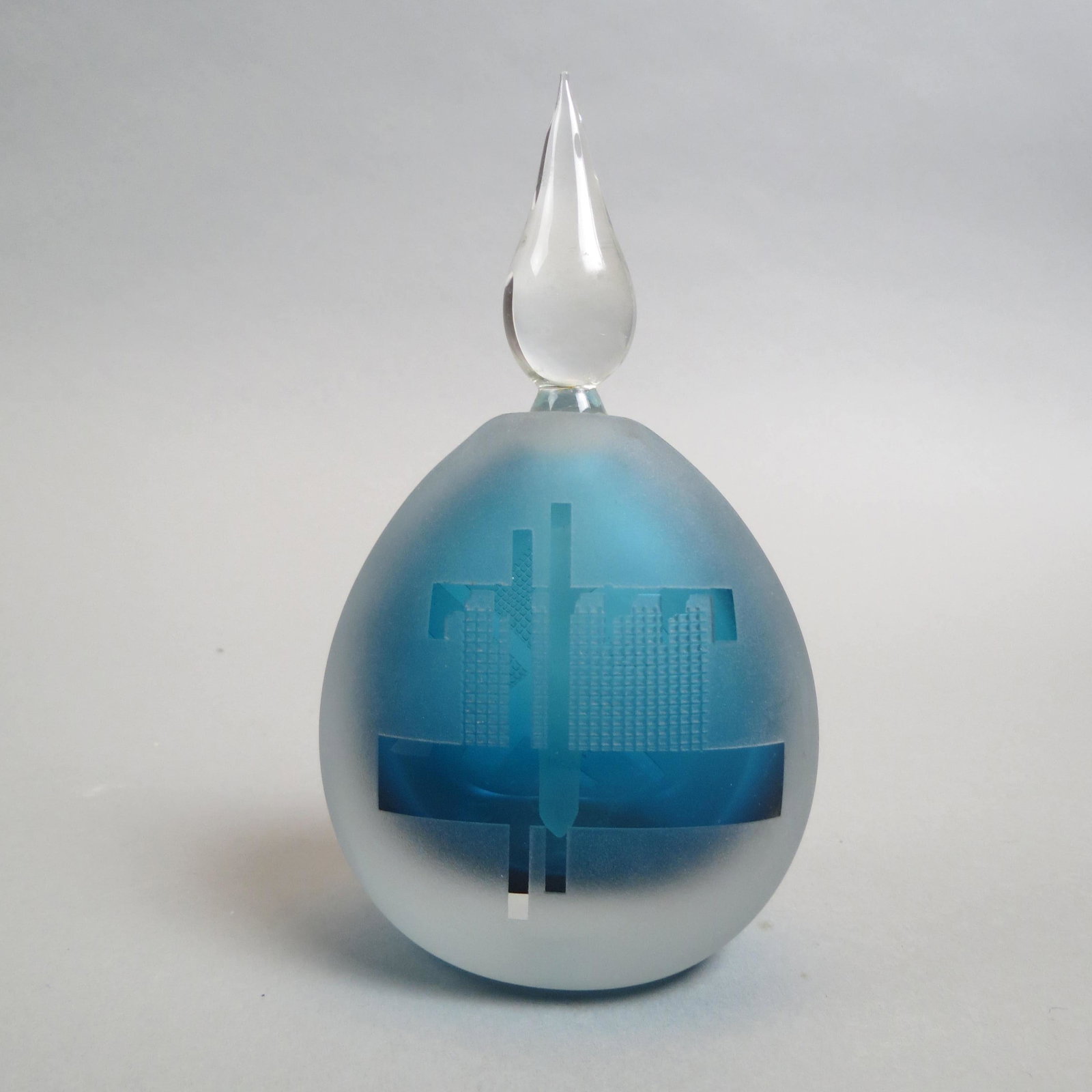 Grant Studio Art Glass Perfume Bottle,: paperweight style satin, internal blue, cameo cut designs, clear frosted stopper with long dauber, 5 1/2", signed, excellent.