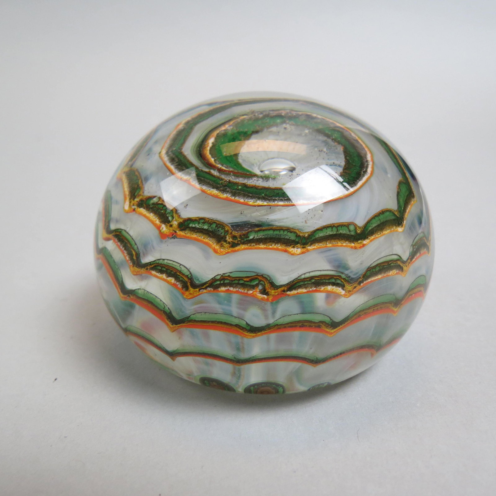 Dominick Labino Art Glass Paperweight,: wavy swirl design with milky trim, 3" diameter, 2" tall, signed and dated 1983, excellent..... One of the leading glass craftsmen in the United States, Dominick Labino was also one of the most knowled