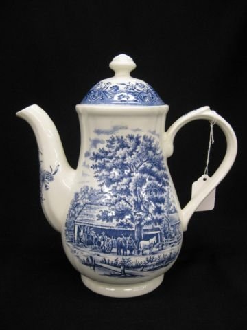 English Ironstone Coffeepot, "Cidermaking", Currier : "Cidermaking", Currier & Ives scene, made by Churchill, 9", excellent.