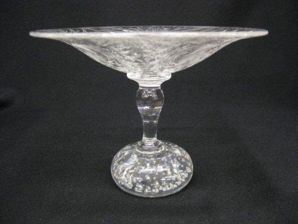 Pairpoint Crystal Compote, etched design : etched design and controlled bubble base, 7", excellent.