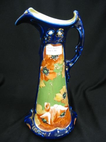 Pre-Nippon Handpainted Porcelain Pitcher, : Art Nouveau poppy decor, cobalt trim, 12" tall.