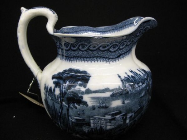 Cauldon English Blue Transferware Ironstone : Pitcher, "Byzantium" cityscape, 6 1/4", circa 1880.