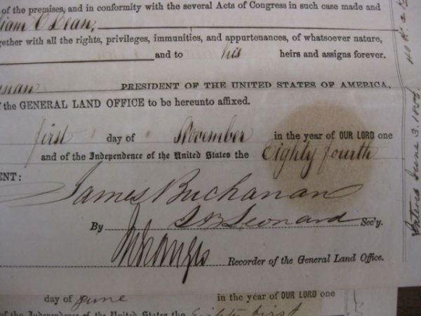 3-1850's Land Grants, James Buchanan, Fort Dodge: James Buchanan, pertaining to Fort Dodge, Iowa, together with a 1924 newspaper on Woodrow Wilson funeral.