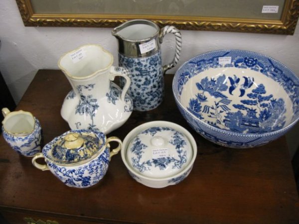 6 pcs. of Blue Decorated Items; Royal Crown Derby : Royal Crown Derby creamer & sugar, a blue willow bowl, Cauldon pitcher & more.