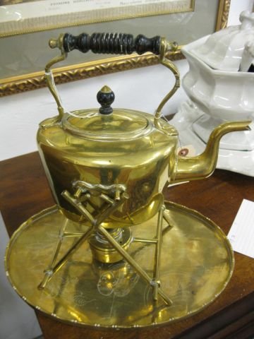 English Brass Tea Kettle on Stand, with burner : with burner and a China brass oval tray.