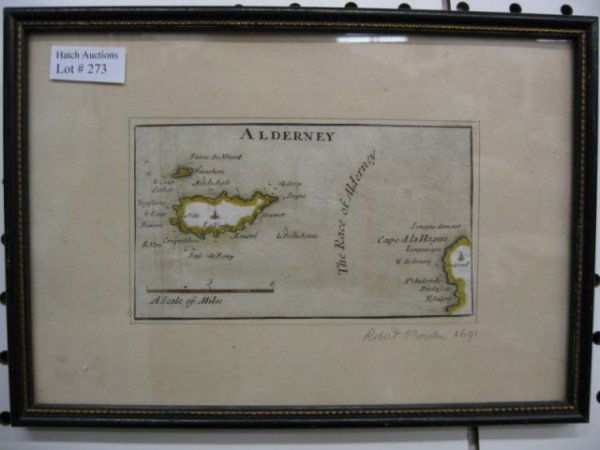 1691 Robert Morden Handcolored Map of Alderney,: Alderney, approx. 5 1/2" x 3", excellent.