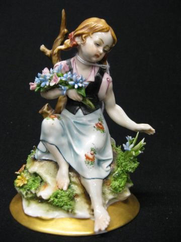 Capodimonte Porcelain Figurine of a Seated Girl: Girl with flowers, elaborate applied flowers, 5 1/2" tall, minor loss.
