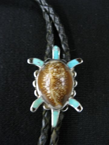 Indian Sterling Bolo Tie, turquoise & cowry shell: turquoise & cowry shell turtle, 1" x 1 1/2", nice older one.