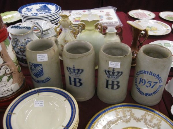4 German Pottery Steins, various advertising, : various advertising, 7" tall, some chips.