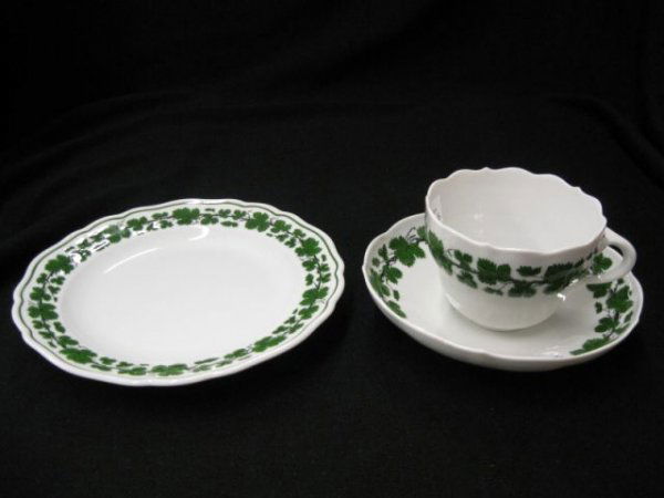 3 pc. Meissen Porcelain Trio; cup, saucer & plate: cup, saucer & plate, grape vine decor, crossed swords mark.