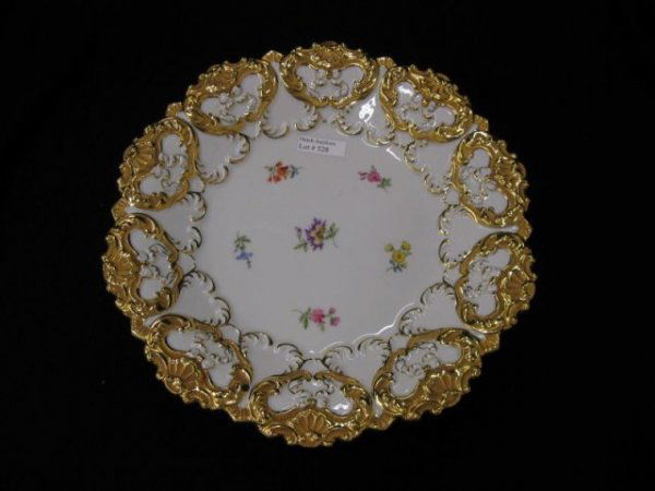 Meissen Porcelain Serving Dish, elaborate gold: elaborate gold work, floral sprays, 10 3/4" diameter, crossed swords mark.