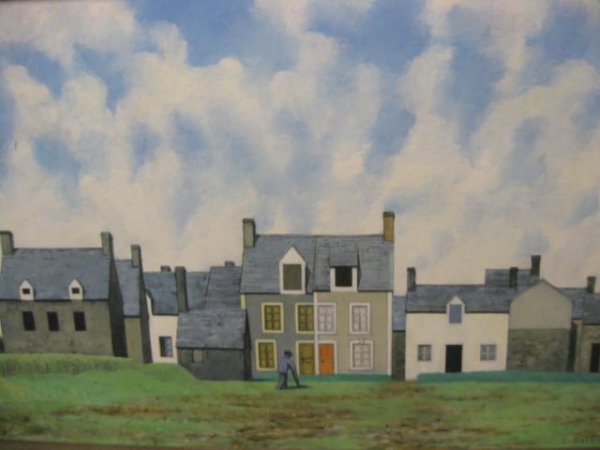 Christopher Compton Hall, Oil, Group of Houses : in the countryside, well listed English artist, born 1930, signed & dated 1965, image area 13" x 22".