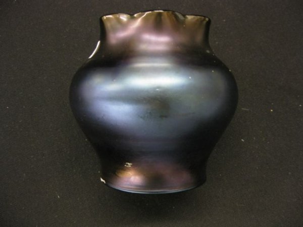 Loetz Art Glass Vase, iridescent finish on deep : iridescent finish on deep amethyst, 5", excellent.