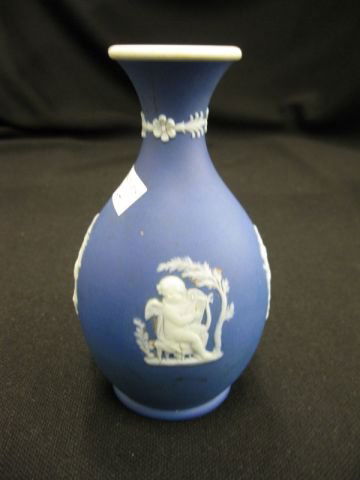 Wedgwood Dark Blue Jasperware Bud Vase,: seated hunter opposite seated maiden with cherubs in between, 5", excellent.