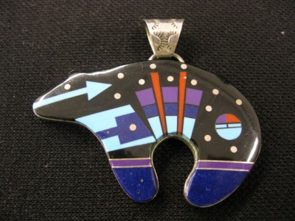 Indian Inlaid Sterling Silver Bear Pendant, : multi-semi-precious stones including turquoise, lapis, coral & more, 2 3/8" wide, signed S. Smith.