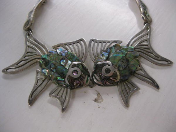 Los Castillo Sterling & Abalone Necklace, fish: fish and inlaid link decor, 16 1/2" long, popular vintage Mexico artist.