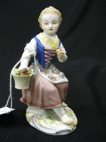 Meissen Porcelain Figurine of a Girl with basket: with basket of fruit, damaged, crossed swords mark, 19th century, 5" tall.