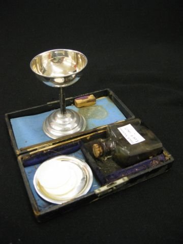 Sterling Silver Travel Communion Set in original : original box, with wafer dish, goblet and a glass wine holder.