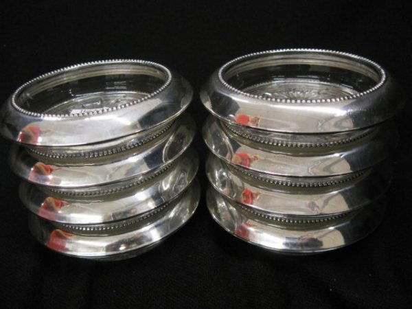 8 Sterling Silver & Crystal Coasters, 4" diameter: 4" diameter overall.