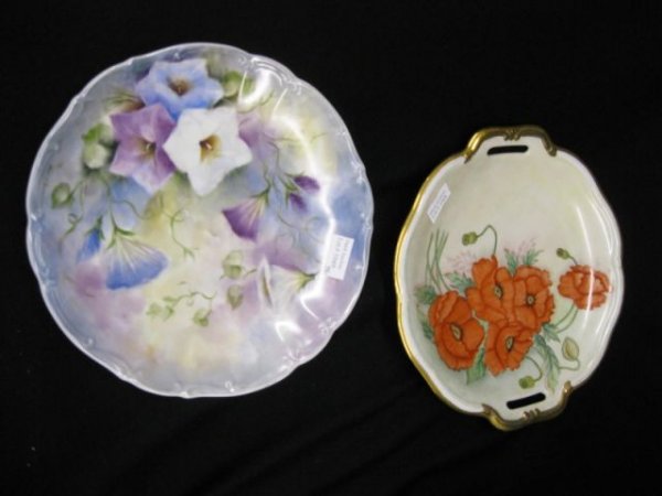 2 pcs. Handpainted Bavarian China; poppy cake pla: poppy cake plate & morning glory 10 1/2" plate.