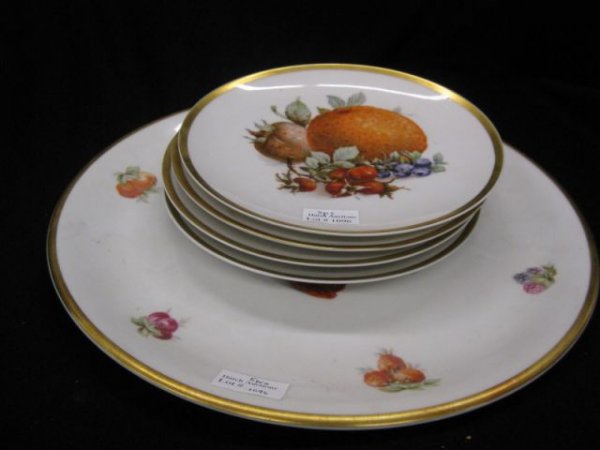 Bavarian Porcelain Cake Set, 12 1/2" platter and : 12 1/2" platter and 4-7 1/2" plates, fruit & berry decor.