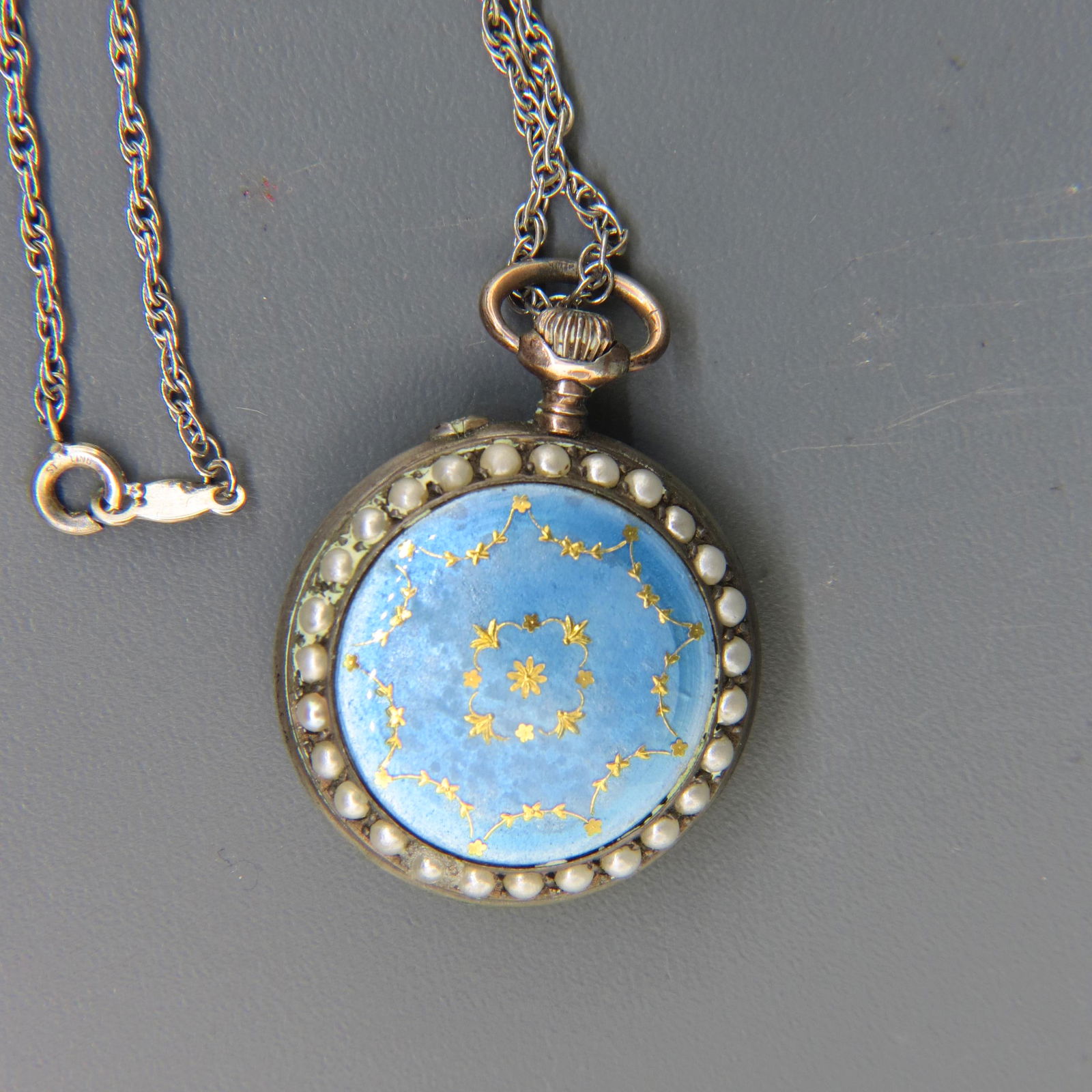 European Silver Enameled Pearl Pendant Watch, (1 of 5)