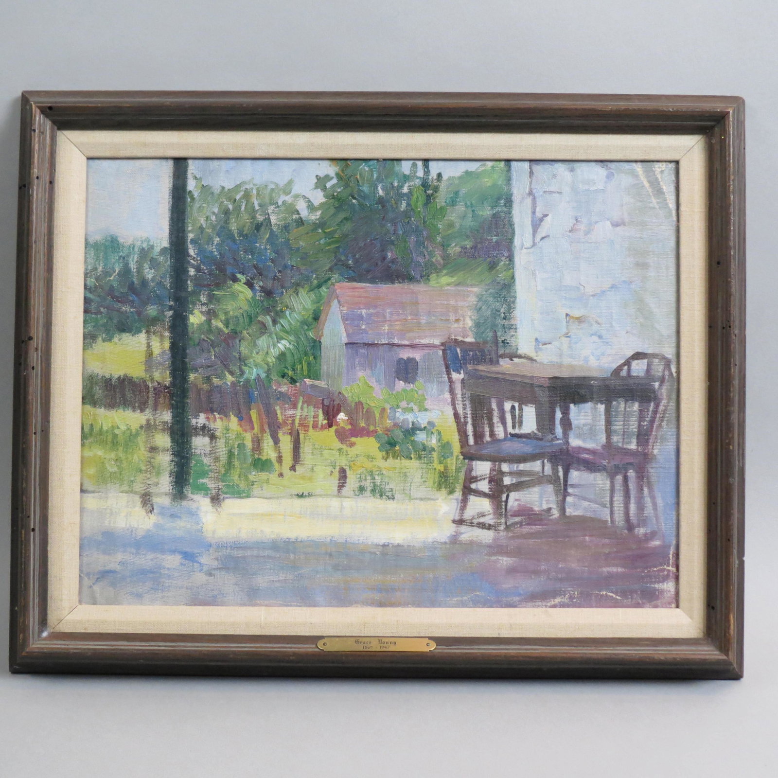 Grace Young, oil, "Summer Porch",: from artists summer cottage, image area 12 1/2"X 16", well listed artist, worked at Rookwood Pottery.................Grace Young was born in Cincinnati Ohio, on October 25,1869. She attended the Cinci