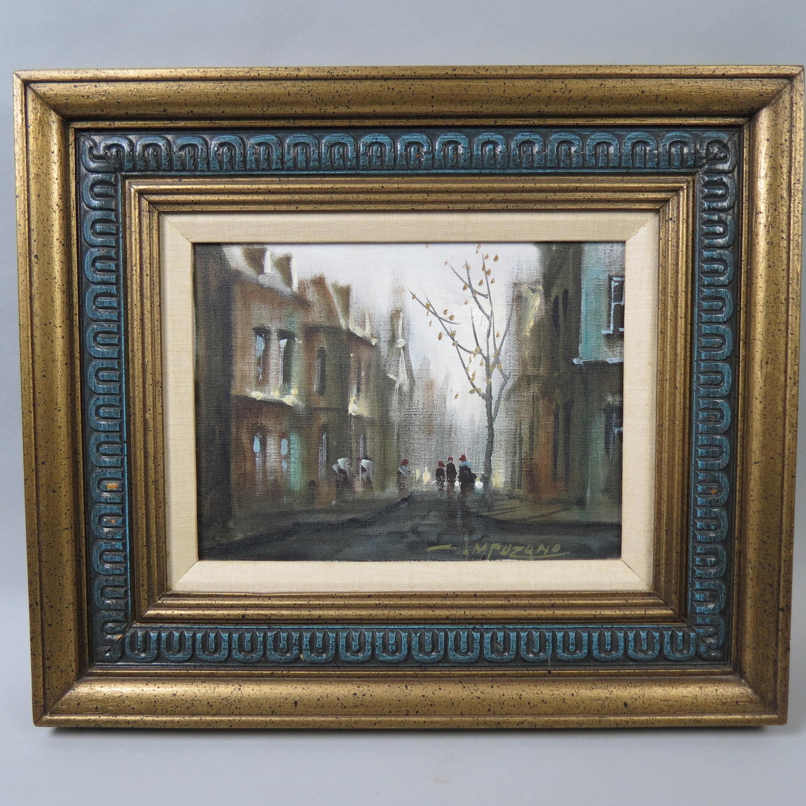 Jose Campuzano, oil, French City Scene,: figures along a street, image area 9" X 12", well listed artist................The following information was submitted in September of 2006 by Robyn Brown:Jose Luis Campuzano was born in Bilbao, Spain