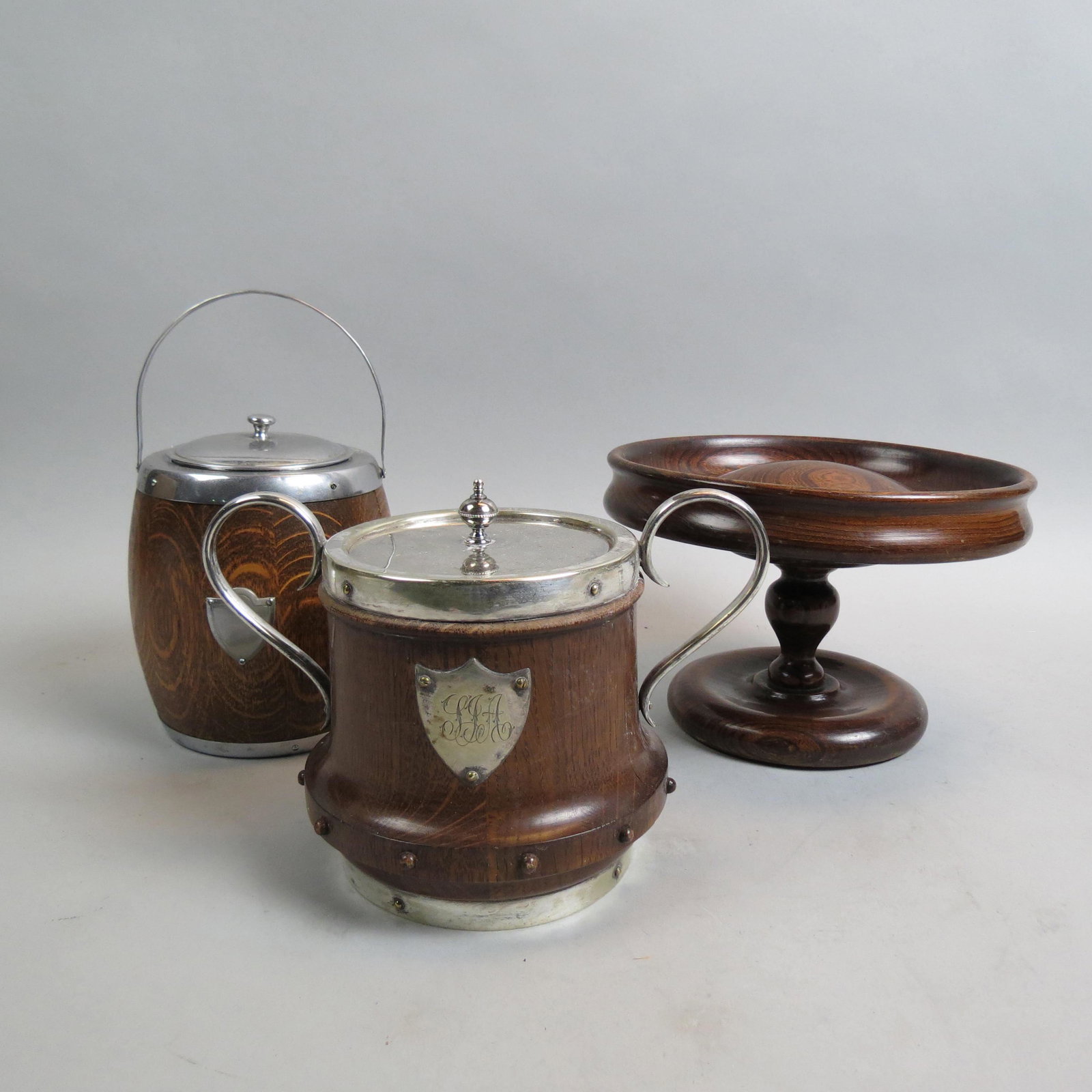 3 English Oak Items,: two biscuit barrels and a compote.