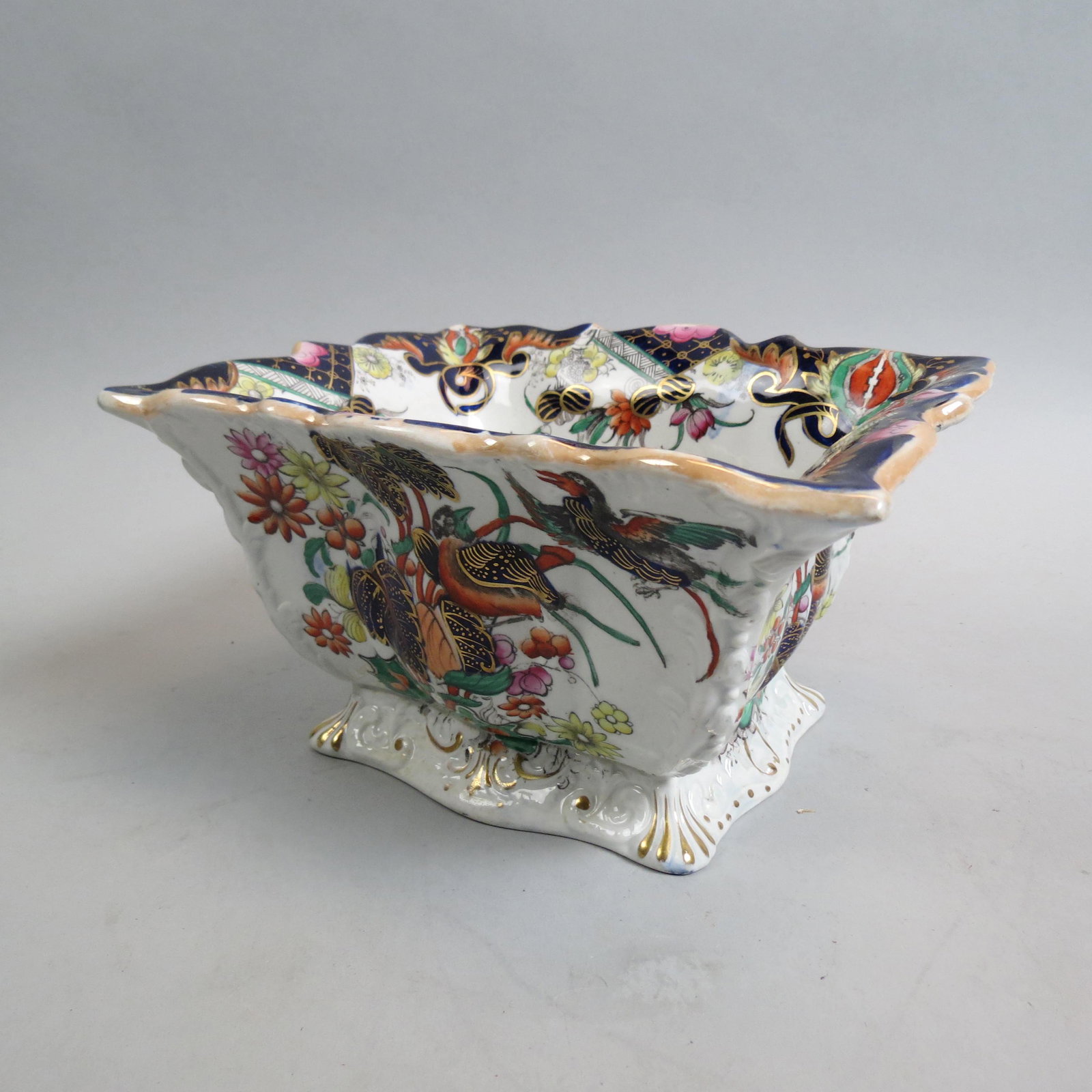 Mason's Ironstone Centerpiece Bowl or Planter,: bird and floral, cobalt and gold trim, 7" X 9", 5" tall, 19th century, excellent.