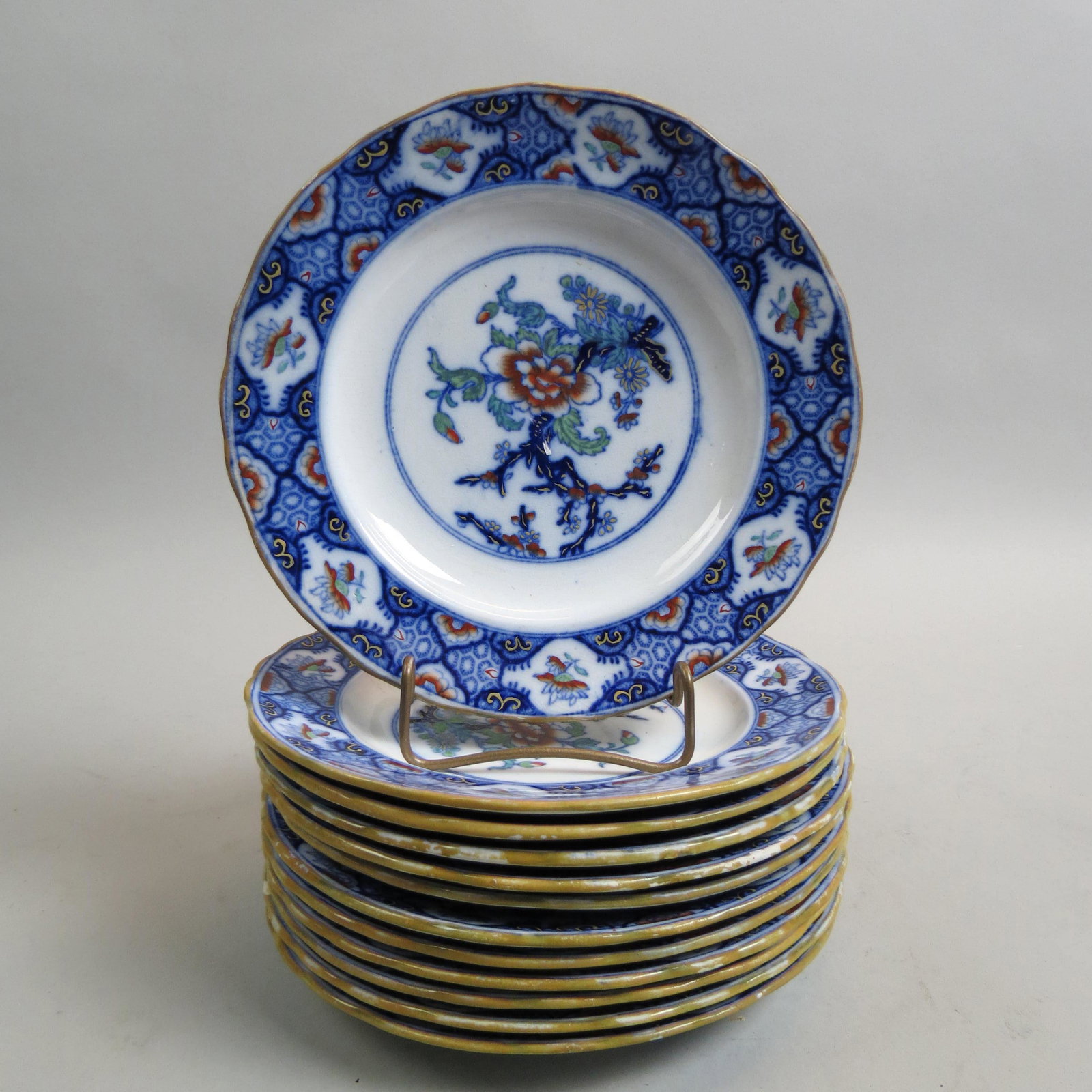 12 Ironstone Plates "Hindostan" Pattern,: by P.B & H., floral medallion center, floral bands, 8".