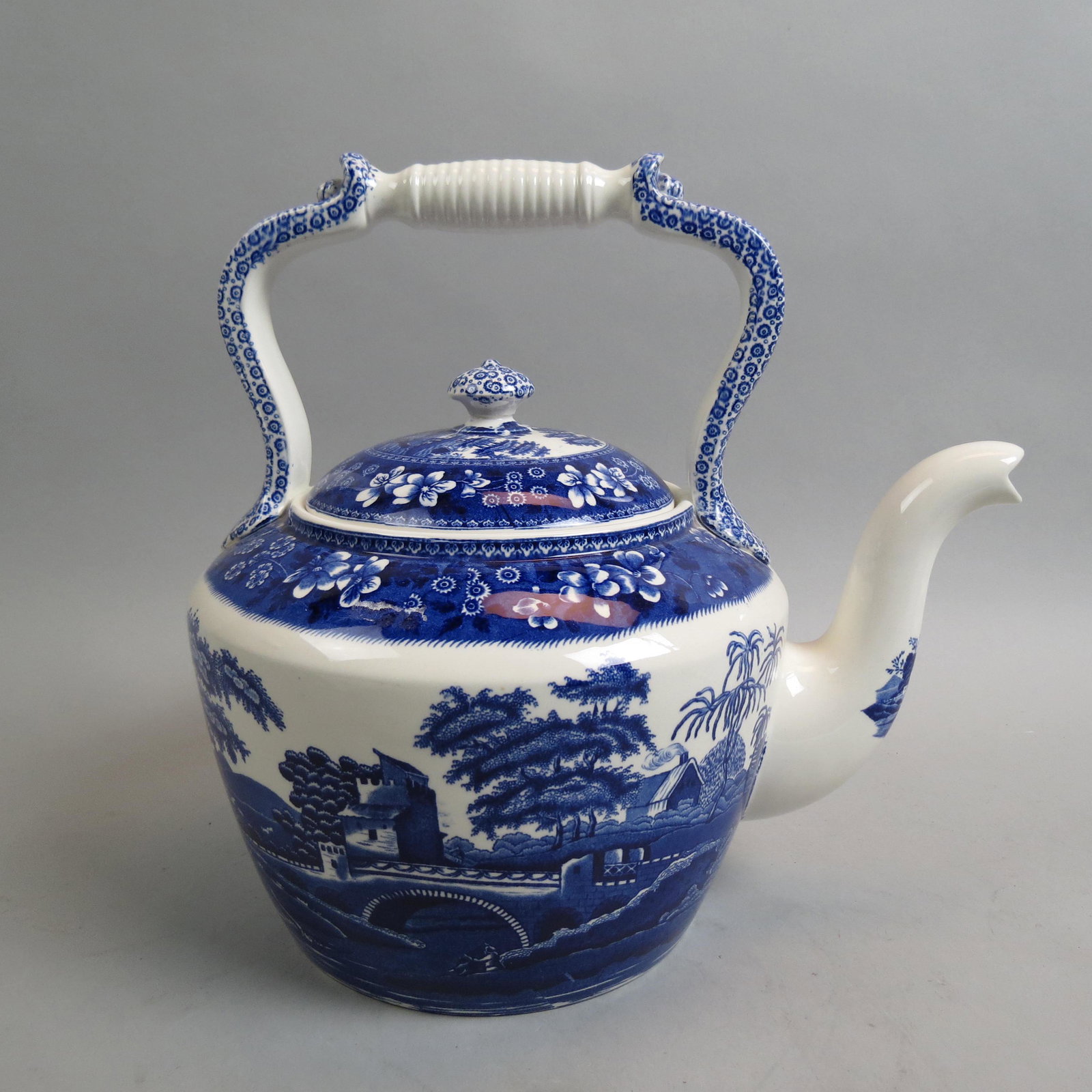 Copeland "Spode's Tower" Large Kettle,: blue, landscape decor, center handle, 12 1/2", excellent.