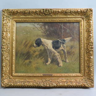 Hermann G. Simon, oil, English Setter,: on point, signed and dated 1893, on canvas, image area 16" X 20" plus frame, under glass...................Herman Gustav Simon was born in Germany in 1846. The Simon family emigrated to the United Sta