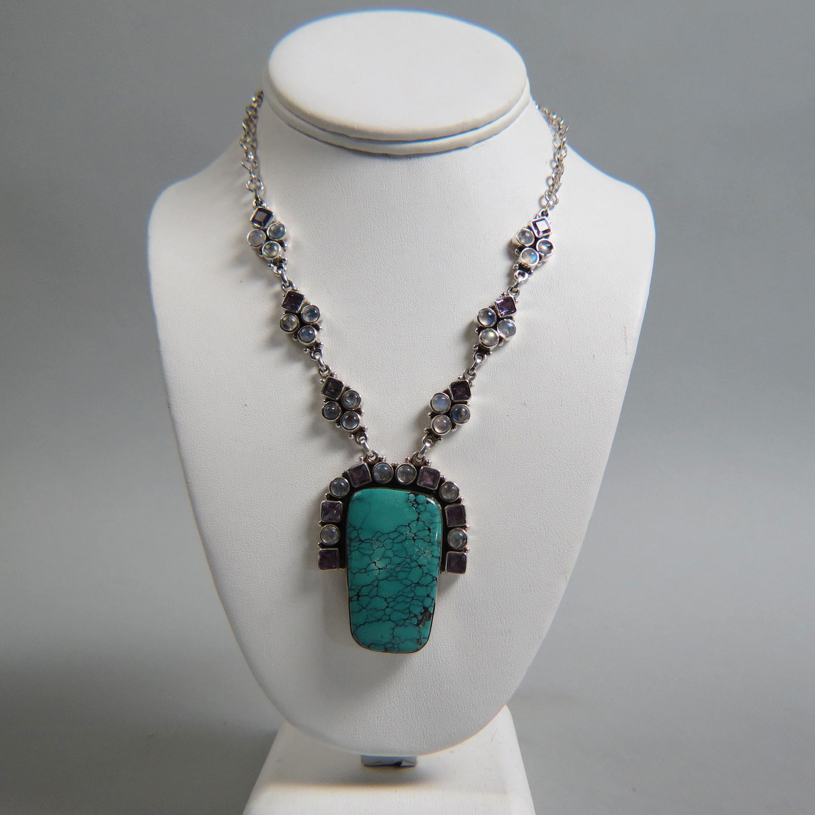 Moonstone, Amethyst & Turquoise Sterling Necklace,: Rich gems, 16 1/2" long, 63 grams.