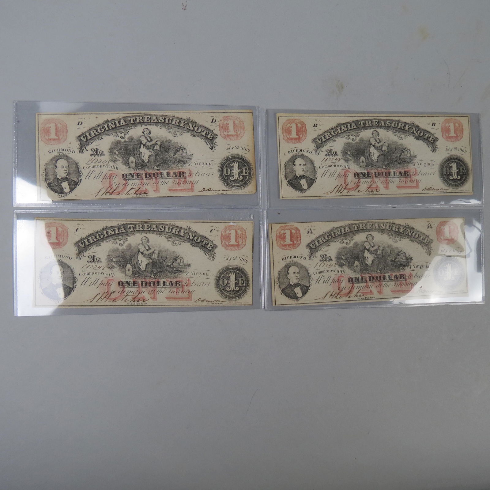 Set of 4 1862 Virginia $1.00 Treasury Notes, (1 of 7)