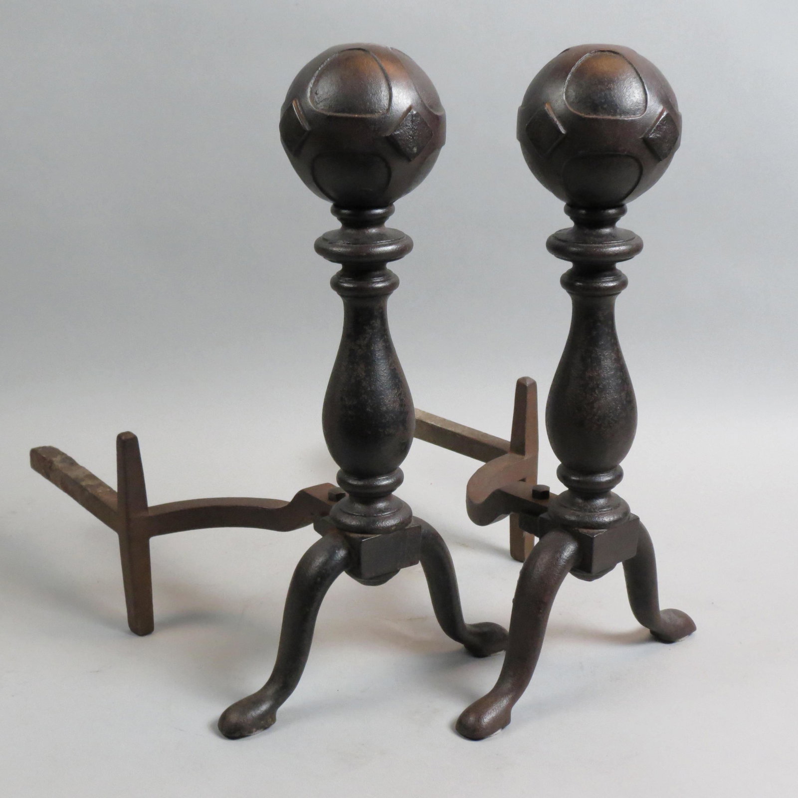 Pair of Bradley & Hubbard Andirons,: cast iron, fancy orb tops, 18".