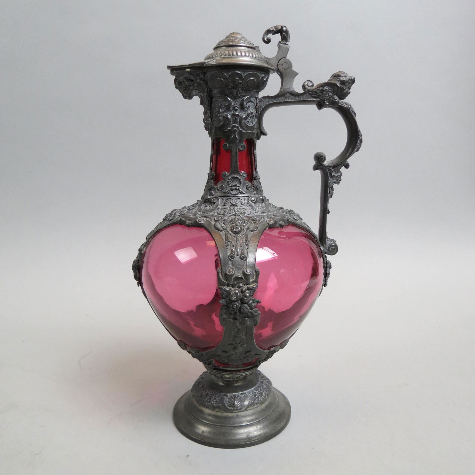 Cranberry Glass & Pewter Pitcher, (1 of 7)