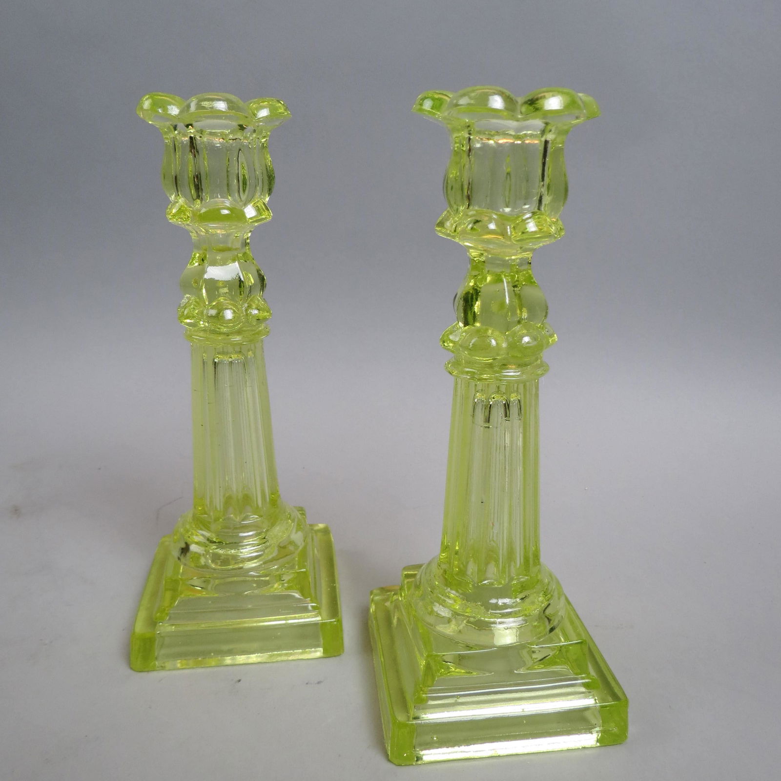 Pair of Boston Sandwich Yellow Glass Candlesticks, (1 of 6)